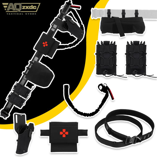 Airsoft Belt Set With Double Rifle Mag Pouch, PHC Recovery Bag, Small Quick Medical Kit, G17 ALS Quick Draw Holster, Gun Rope